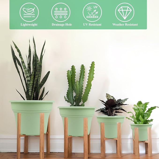 11 Inch Plastic-Flower-Pot-for-Indoor-Plants, 4 Pack Large Outdoor Planter Pot with Drainage Holes & Saucers, Resin Decorative Garden Pots Planters