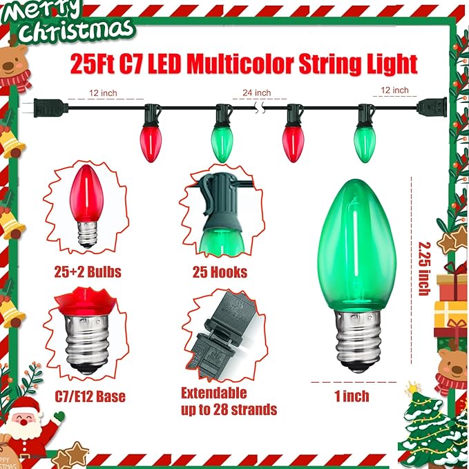 C7 LED Christmas Lights Outdoor, 25FT Clear Red and Green Christmas String Lights with 27 LED Energy-Efficient Bulbs, Hanging Vintage Christmas Decorations Lights for Holiday Party Patio Garden Yard