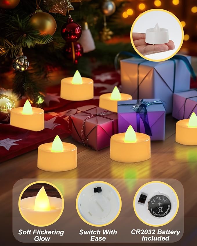 BEICHI Flameless LED Tea Lights - 100 Pack Battery Operated Flickering Fake Candles for Wedding, Halloween, Christmas & Diwali - Warm Yellow