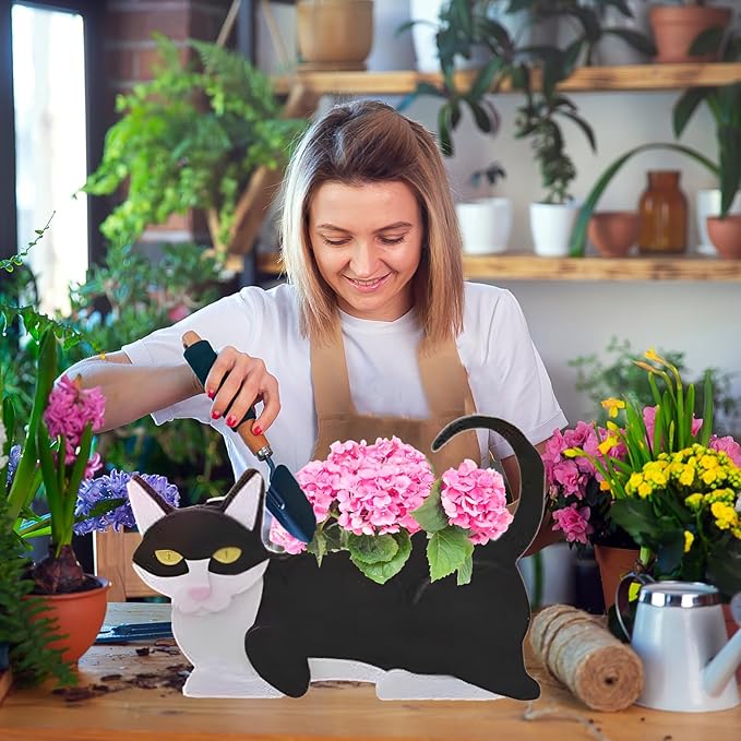 Black and White Cat Planter Plant Pots,Cute Garden Cat Flower Planter,Cat Planters Birthday Gifts for Women,Office,Indoor/Outdoor Decor(12.5 * 5.6 * 7.8in)