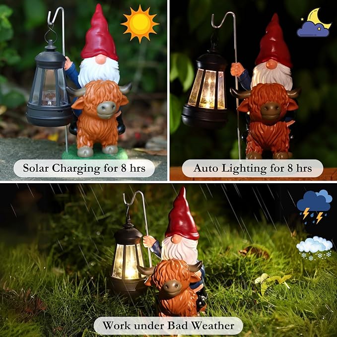 Garden Gnomes Outdoor, Highland Cow Decor, Gnomes Cow Decor for Outside, Gnomes Decorations for Yard, Gnome Garden Decor with Solar Lights, Outdoor Solar Garden Statues, Gnomes Gifts(Red Hat)