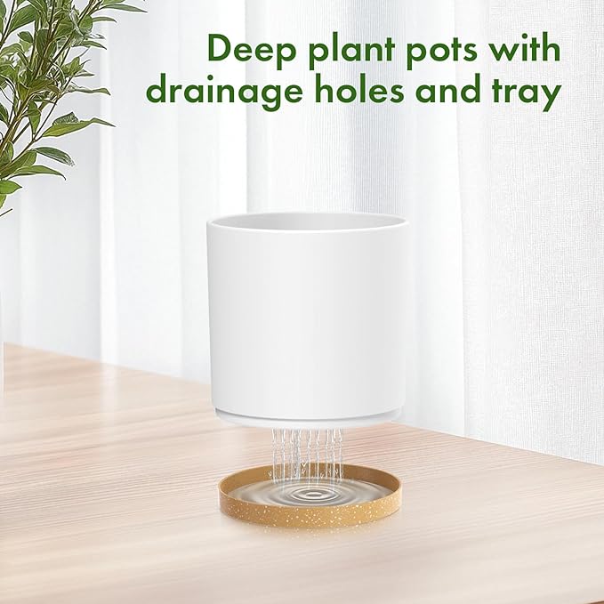 12/10/8 inch Large Flower Pots, 3 Pack Cylinder Deep Plant Pots for Outdoor Indoor Plants, Tall Plastic Planters with Drainage Holes and Saucers for Garden House Plants, White with Brown