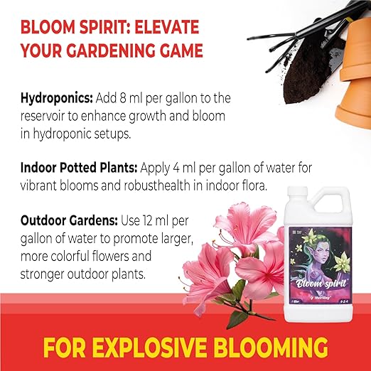 Bloom Fertilizer - Perfect Liquid Fertilizer for Outdoor Plants and Exceptional Liquid Plant Fertilizer Indoor Potted Plants. Soil and Hydroponic Nutrient Solution, Bloom Spirit 0-5-4 1.32 Gallon