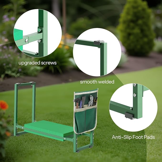 Garden Kneeler and Seat 10.2" Width, Garden Stool Load Cap 350 lbs, Garden Tools with Bags, Gardening for Women, Grandparents, Seniors, and Gardeners, Green JJ01GK02