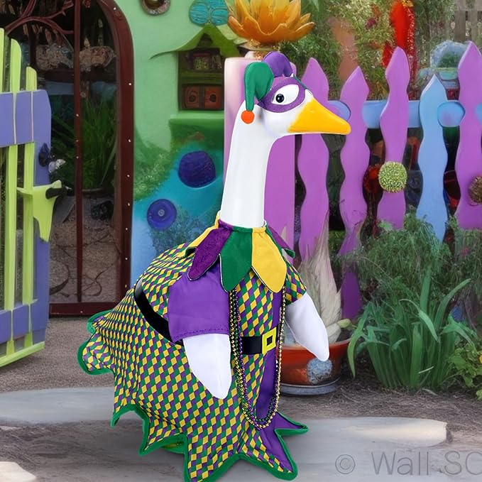 Mardi Gras Jester Outfit Goose Clothes for 23 High Cement or Plastic Lawn Porch Lawn Garden Goose Costume Clothing