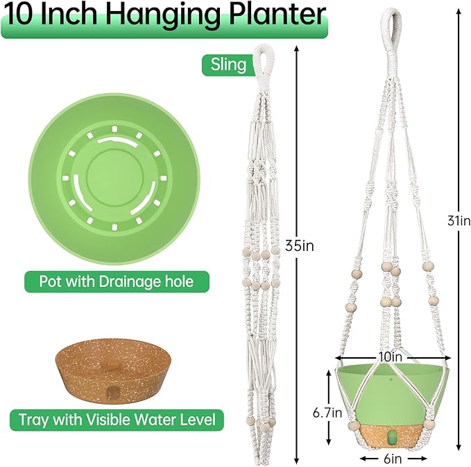 ZMTECH 2 Pack 10 Inch Hanging Planters with Macrame Plant Hanger for Indoor and Outdoor Plants, Self Watering, Drainage Hole, Visible Level Tray, Green