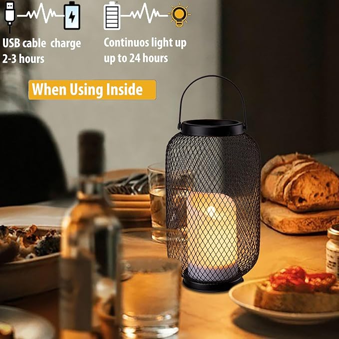 Solar Lanterns Outdoor Waterproof, Flickering Flameless Candle Hanging Lantern, Rechargeable Table Lantern for Patio with Timer Dimmer, Decorative Lamp for Outside Garden Porch or Indoor Decor-2Pack