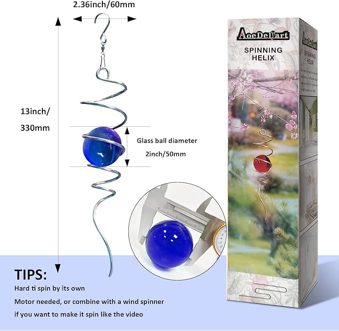 Wind Spinner Tail Gazing Ball Spiral Tail Wind Spinner Stabilizer Sun Catcher Visual Illusion in Spinning Yard Art Decor,Indoor Outdoor Garden Decoration Wind Sculptures-13 in(Dark Blue)
