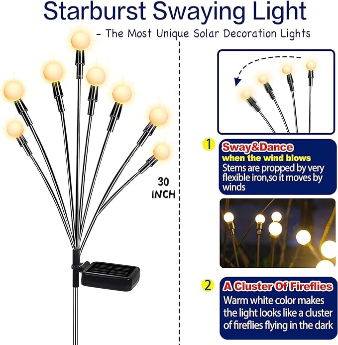 TONULAX Solar Garden Lights - Upgraded Solar Swaying Light, Sway by Wind, Outdoor Lights, Yard Patio Pathway Decoration, High Flexibility Iron Wire & Heavy Bulb Base, Warm White(8 Pack)