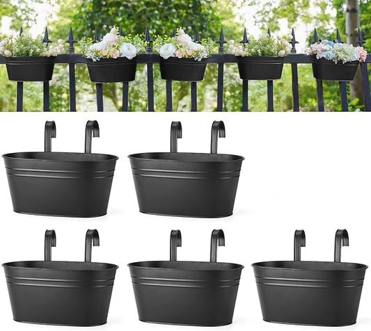 Dahey Metal Iron Hanging Flower Pots for Railing Fence Outdoor Planter Hanging Bucket Pots Countryside Style Window Flower Plant Holder with Detachable Hooks Home Decor,Black,5 Pcs