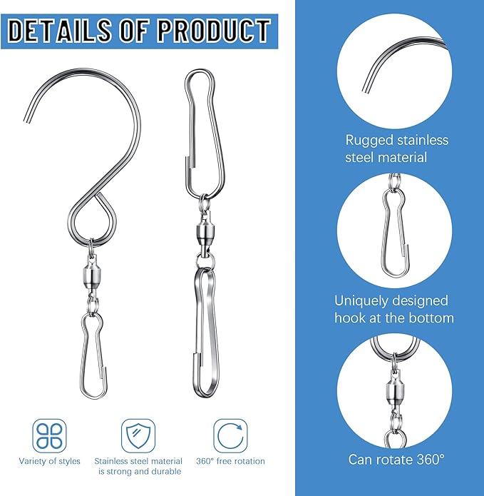 Wind Spinner Swivel Hooks 360 Degree Dual Spinning Windsock Chime Supplies Hanger Swivels Clip Hanging Hooks with Storage Box for Wind Spinners Supply, 2 Styles (Metal Color,20 Pieces)