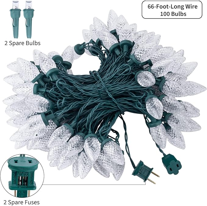 C9 Christmas String Lights White, 66ft 100 LED Faceted Christmas Lights on Green Wire, Large Bulb Strawberry String Lights for House Roof Roofline Christmas Tree Party Outdoor