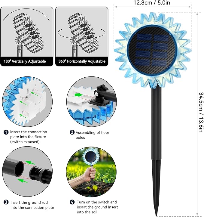 Outdoor Solar Lights, 4 Pack Led Solar Sunflower Lights, Stake/Wall 2-in-1 Waterproof Solar Garden Lights for Yard, Landscape, Fence, Patio, Driveway, Pathway, Backyard Decoration (Warm White)