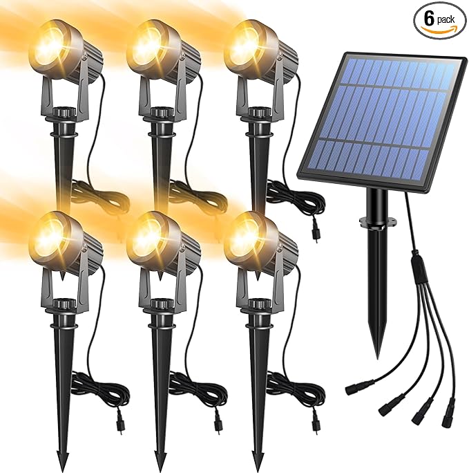 APONUO Solar Spot Lights Outdoor 6-in-1 Landscape Lighting Dusk to Dawn Solar Uplights IP65 Waterproof 9.8ft Cable Outdoor Spot Lights for Yard Pathway Garden Tree Decoration (Warm White)
