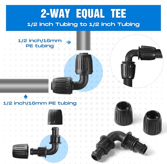 Frienda 40 Pcs 1/2 inch Irrigation Fittings Elbow Connectors Tubing (1/2" IDx0.6-0.63" OD) 16mm Drip Tubing Barbed Drip Parts Locked Elbow Connectors for Hose, Blue and Black