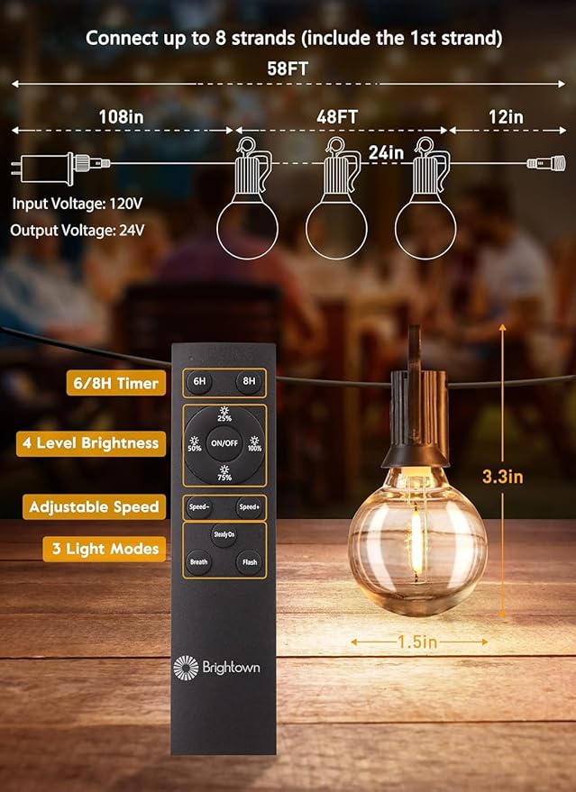 Outdoor String Lights with Remote - 58 Ft Globe Patio Lights, 4 Lighting Modes, 25 LED G40 Bulbs Waterproof Connectable Commercial Hanging Lights for Backyard Party