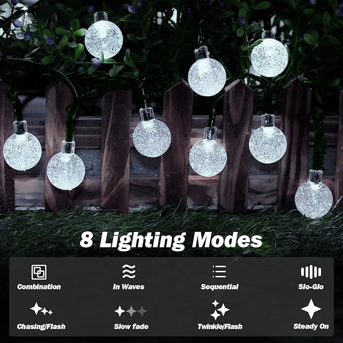 Solar Lights Outdoor Waterproof, 2 Pack Total 200LED 110FT Solar String Lights for Outside w/ 8 Modes, Outdoor String Lights Crystal Globe Patio Lights for Garden Yard Party Decor(Warm White)