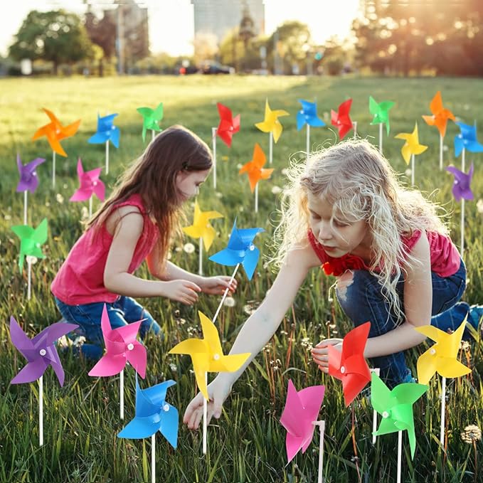 KIMOBER 100PCS Colourful Pinwheels,Mixed Colors Plastic Wind Spinners Toy for Kids,4 Vane Windmill for Home Garden Lawn Indoor Outside Decoration