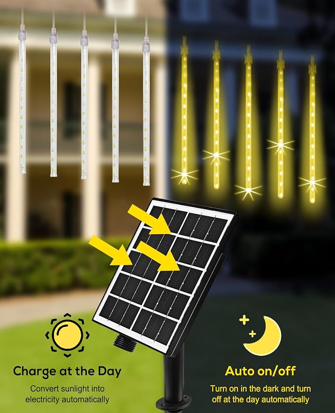Meteor Shower Rain Lights Solar Christmas Lights Outdoor Falling Rain Drop Lights Snowfall Icicle Cascading String Lights 16 Tubes 16 Inch 576LED for Xmas Tree Wedding Party Holiday Patio Garden Decor