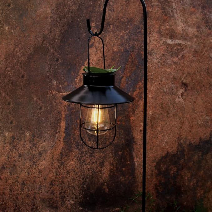 Solar Lantern 2pack Outdoor Hanging Light- Waterproof Vintage Metal Light with Shepherd Hook Decorative for Patio, Backyard, Porch, Yard (Black)