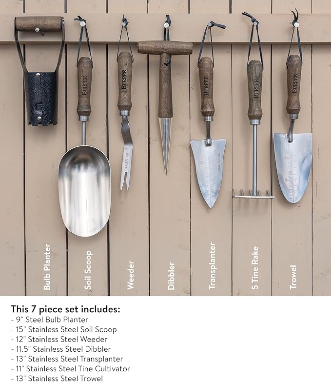 Burpee Complete 7-Piece Set of Stainless Steel Garden Bulb Planter, Rake, Dibbler, Soil Scoop, Transplanter, Weeder, Trowel | Hand Tools with Leather Strap for Storage