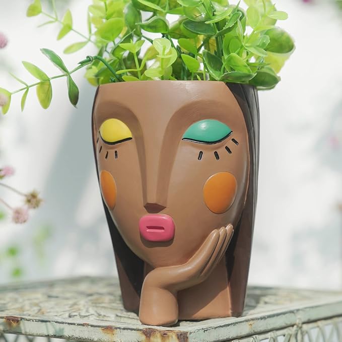 Face Planter Pots for Indoor Plants, Resin Head Planter Succulent Planter Flower Planter Cute Girl Head Pots with Drainage Hole - Painted Thinking Girl Closed Eyes