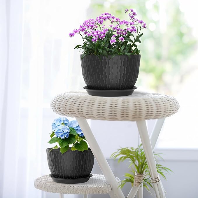 Large Plant Pots 12/10/9 inch, 3 Pack Wide Flower Pots for Outdoor Indoor Plants with Water Ripples, Big Plastic Planters with Drainage Holes and Saucers for Garden House Plants, Black