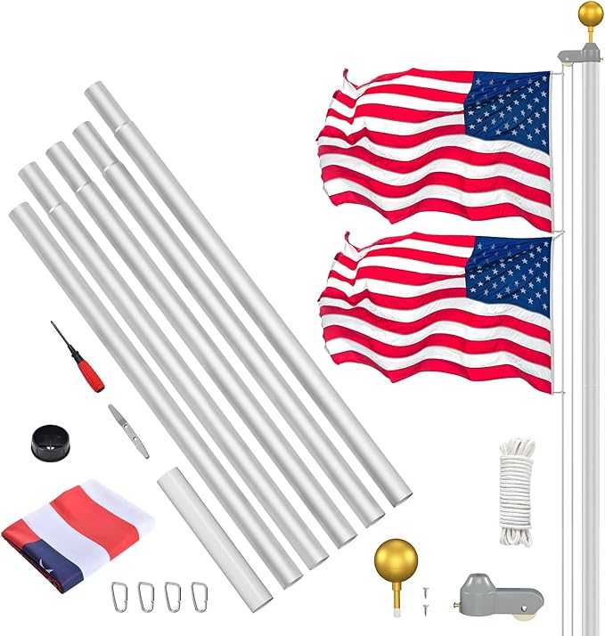 Flag Pole Kit 25FT, 12 Gauge 1.8mm Thickness Heavy Duty Flag Poles with 3x5 American Flag, Silver Flag pole for Outdoor House In Ground, Extra Thick Flagpoles Suitable for Yard and Garden