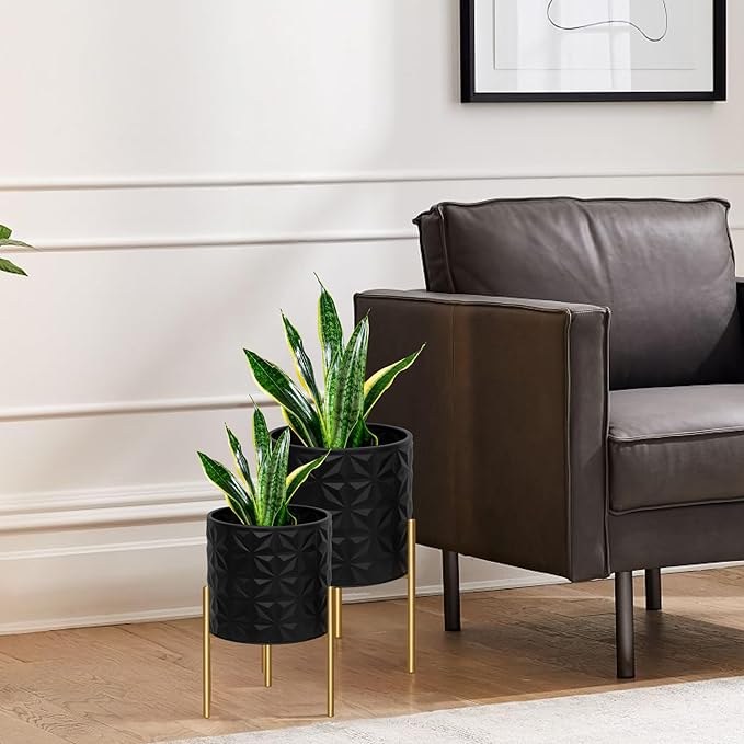 ARNIS Modern Planter Pots, Set of 2 Large Planters with Stand, Decorative Planters, Metal Pots with Drainage Holes for Living Room, Office, Garden or Balcony, 8.25 &10.5 Inch, Matte Black