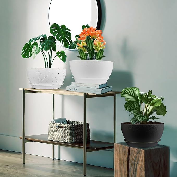 8 inch Plant Pots Pack of 2, Plastic Planter with Drainage Holes and Saucers, Plant pots for Indoor Outdoor Use, Flower Pots for All House Plants (White)