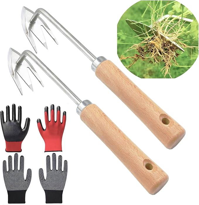 Gardening Weed Puller Tool,2pcs Hand Weeding Pulling Tool,Weed Removal Tool, Wooden Handle Weeder Tool for Garden,Artifact Uprooting Weed Remover Tools,Weed Removal Tool (12.6+12.6 inch)