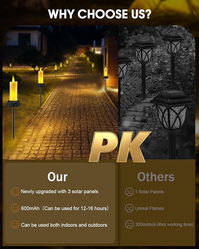 Solar Lights Outdoor Waterproof, Electric LED Flameless Candles with 3 Solar Panels, Solar Pathway Lights for Christmas Outdoor Party Yard Camping Garden Home Decorations, 2 Pack