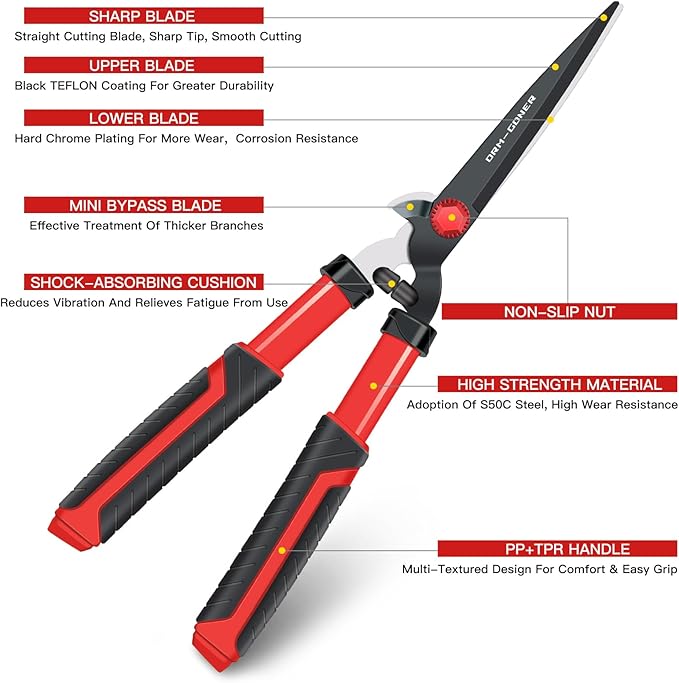 Garden Hedge Shear with Bypass Shear,Garden Hedge Trimmer with Shock Absorbing Cushion,Hedge Clipper for Trimming Border,Bush