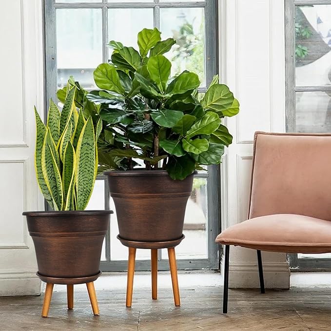 Plant Planters Pots Set of 4 Pack 9 Inch, Plastic Flower Pot for Indoor Plants with Drainage Holes & Trays, Resin Decorative Container Sets with Saucer for House Outdoor Garden Planters Copper