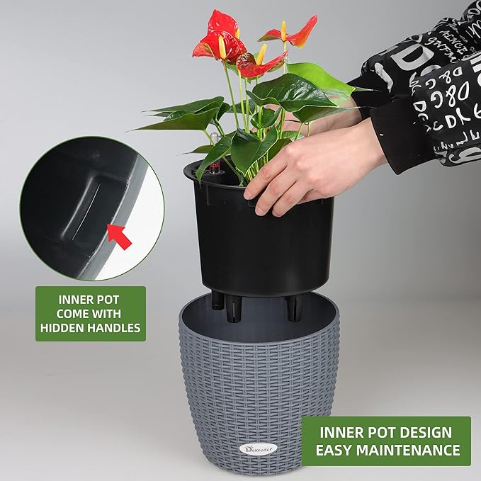 Dexceder 9x8 Inches Rattan Self Watering Planter Indoor Outdoor, Inner Pot Design, Thickened Table Flower Plant Pot with Water Level Indicator (Deep Gray)