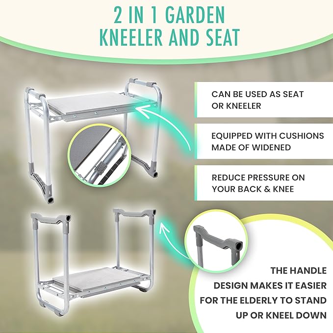 Garden Kneeler and Seat with Soft Foam Pad - Six Gardening Tools - Bags and Gloves -Gardenig Work Seats - Gardening Supplies - Gardening Gifts for Men and Women - Garden Kneeling Bench with Handles.