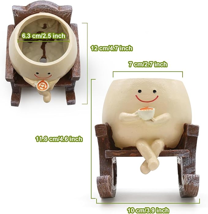 Smiley Face Planters for Indoor Plants, Cute Head Resin Rocking Chair Plant Pots, Funny Small Pots for Plants with Drainage Hole for Home Decor (Drinking Coffee)