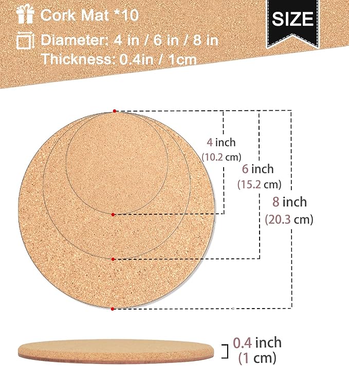 Cork Plant Coasters, 3 Sizes Double Layers Hard Thick Cork Planter Coaster, 4/6/8 Inch Absorbent Cork Plant Mats, Cork Trivets for Hot Dishes, Cork Plant Coasters for House Plants, 10 Pcs