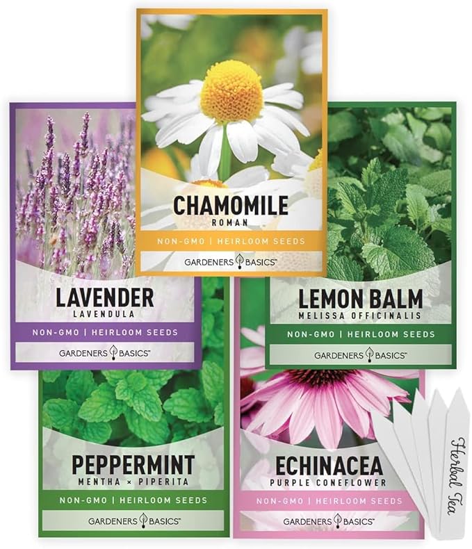 Tea Growing Kit - Includes Medicinal Lavender, Chamomile, Lemon Balm, Peppermint and Echinacea Heirloom Garden Seeds, Grow Pots, Soil, Plant Markers, Indoor Herb Garden Kit Outdoor Tea Garden Kit