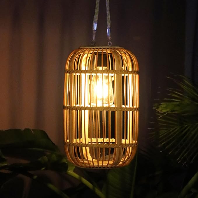 Solar Lantern Outdoor Waterproof, Large Rattan Solar Lantern Outdoor Hanging with Handle, Natural Bamboo Solar Outdoor Lights with Edison Bulb for Garden Patio Yard Tabletop Decoration