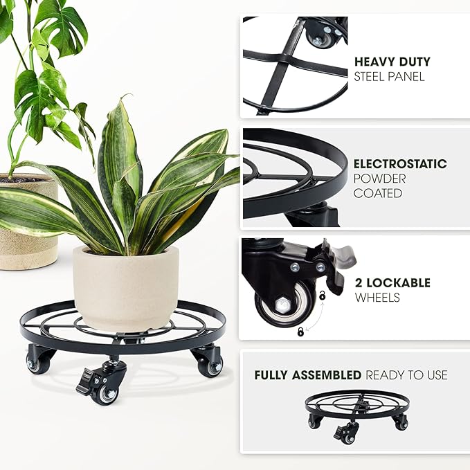 IDZO 2 Pack Upgraded Lockable Metal Heavy Duty Trolley Plant Caddy, Plant Stands, 12 Inch, 2 pcs
