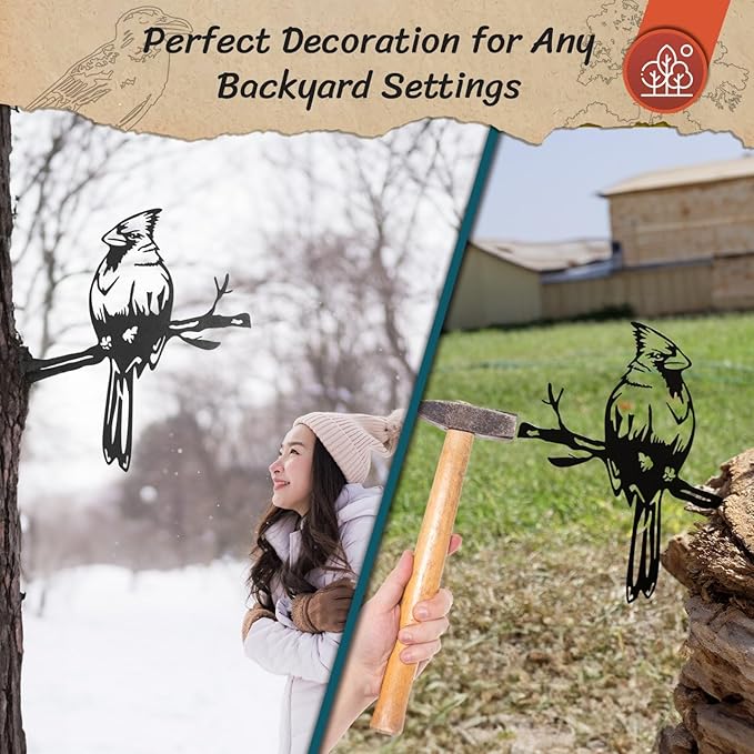 Renovatio Metal Bird Decor – Stylish Decoration for Yard & Garden – Perfect Outdoor Yard Art – 12 Gauge Thick Steel – Ideal Backyard Decor & Bird Ornaments – Cardinal Bird (Black)