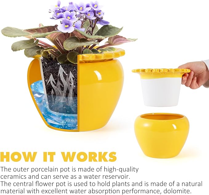 African Violet Flower Pot Self Watering Plant African Violet Planter Pot Yellow Ceramic Pot Maintenance Plant Seeder Planting 6.5 * 4.6 Inch High Absorption Plant Inner Flower Pot