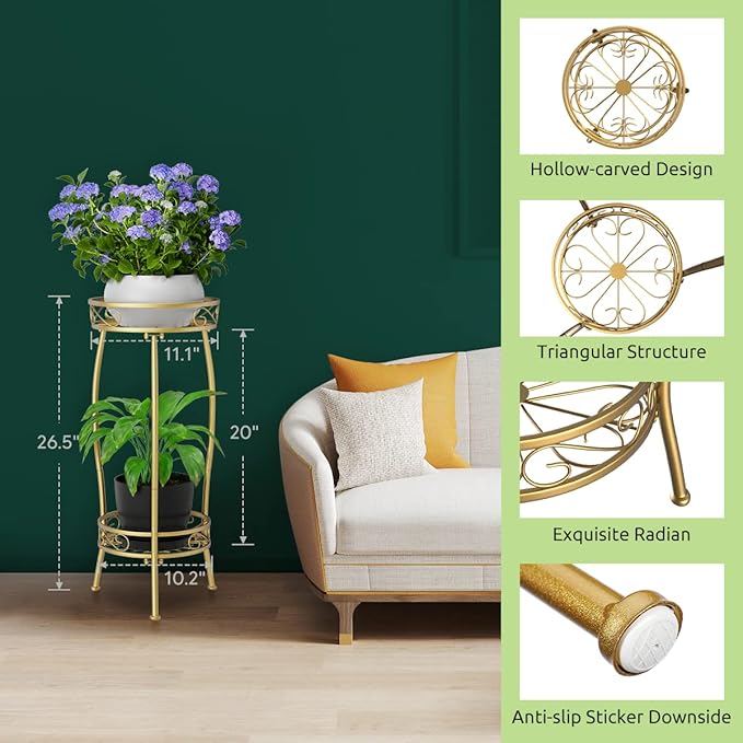 H HOMEXIN Plant Stand Indoor Outdoor, 2 Tier Tall Metal Plant stand 27 " Plant Holder Rack Heavy Duty Rustproof Decorative Plant Shelf for Corner Garden Balcony Patio Lawn office