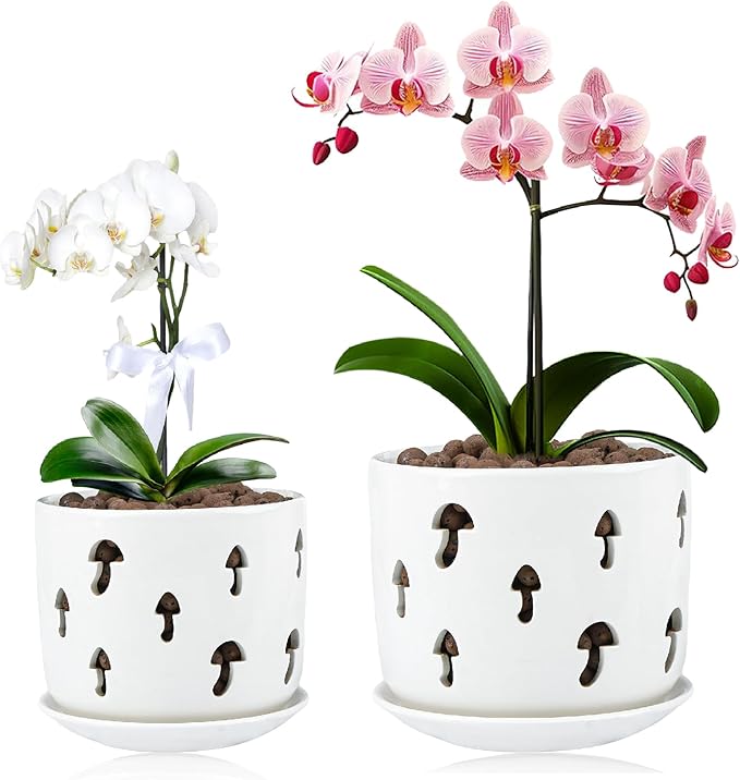 Ceramic Orchid Pot, 5 inch+6 inch Orchid Pots with Holes, Mushroom Shape Orchid Planter with Drainage and Saucer, Effectively Prevent The Root Rot of Orchids, White Flower Pot