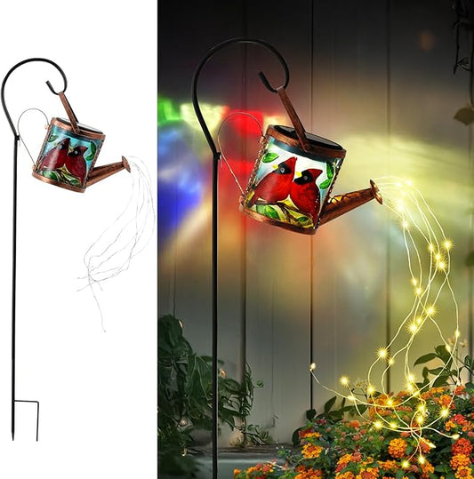Larekook Solar Outdoor Watering Can Lights Decorative Path Lights, Metal Glass Solar Garden Light Outdoor Waterfall Decor Ornament for Yard Lighting Outside Cardinal