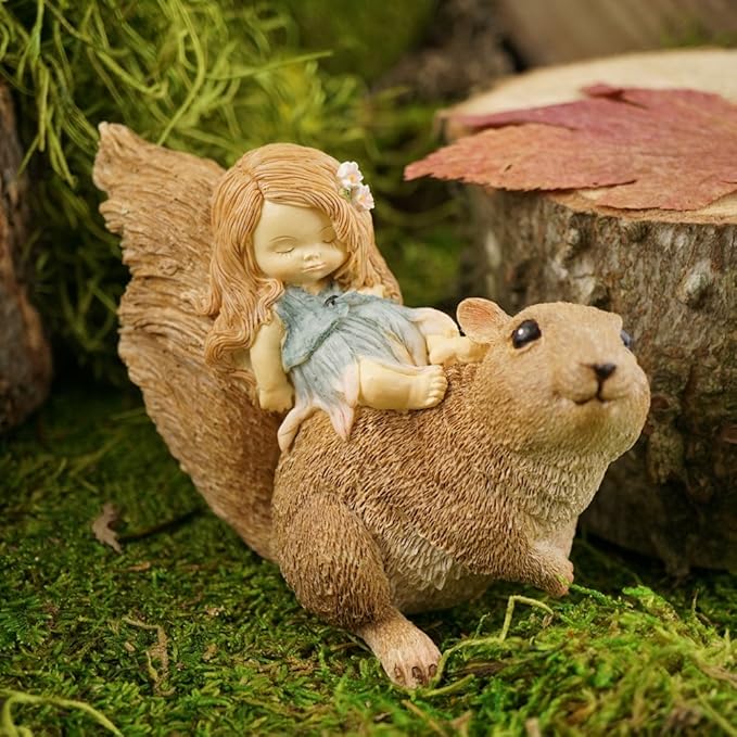 Top Collection Miniature Fairy Garden and Terrarium Statue, Little Fairy Sleeping on Squirrel
