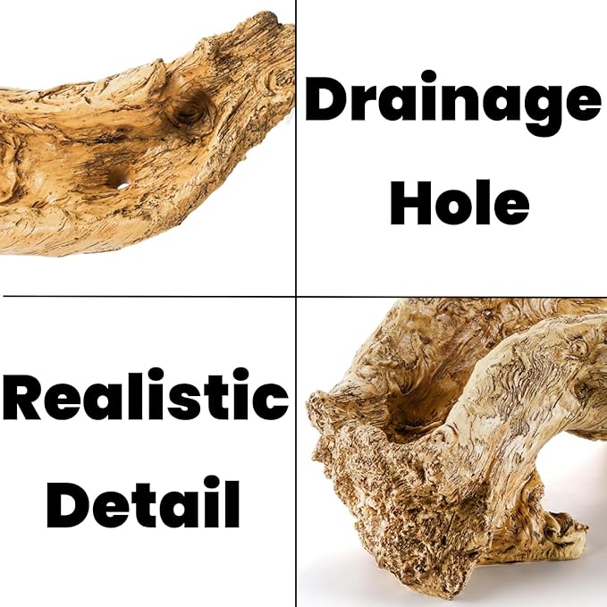 Artificial Driftwood Planter, Sculpture Resin Succulent Flower Pot, Creative Imitation Wood Stump Log Bonsai Plant Pot, Rustic Cactus Container with Drainage Hole for Garden, Indoor, Outdoor