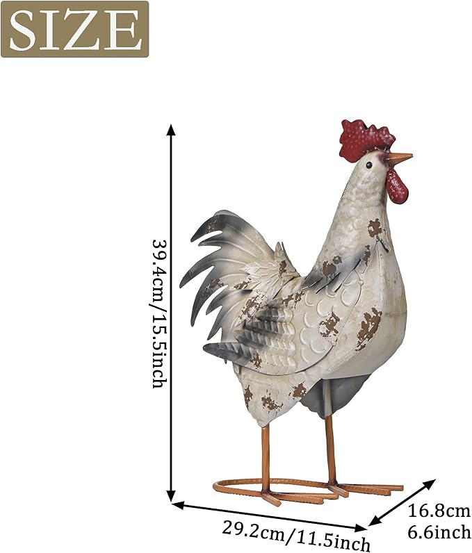 TERESA'S Collections Farmhouse Metal Rooster Garden Statues Decor, 15 Inch Rustic Outdoor Chicken Sculpture Figurines Yard Art for Farm Patio Lawn Kitchen Decorations,Spring Decor, Gift for Mom