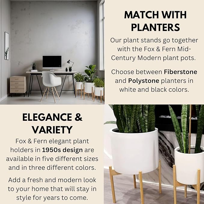 Fox & Fern Set of 3 Bamboo Plant Stand Indoor — Modern Raised Flower Pot Holders for 8, 10 & 11.8 Inch Planters (Not Included); Plug In Design; Two Height Options; Easy to Assemble - Bamboo